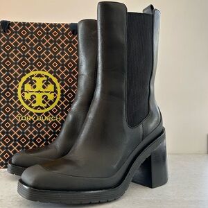 TORY BURCH Expedition 85mm Block Heel Leather Chelsea Boots Perfect Black 8 NWOB